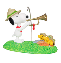 Load image into Gallery viewer, The Peanuts® Gang Beagle Scouts 50th Anniversary Rise and Shine! Ornament and Pin, Set of 2
