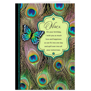 Butterfly and Peacock Feathers Birthday Card for Niece