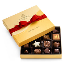 Load image into Gallery viewer, Assorted Chocolate Gold Gift Box, Red Ribbon, 19 pc.
